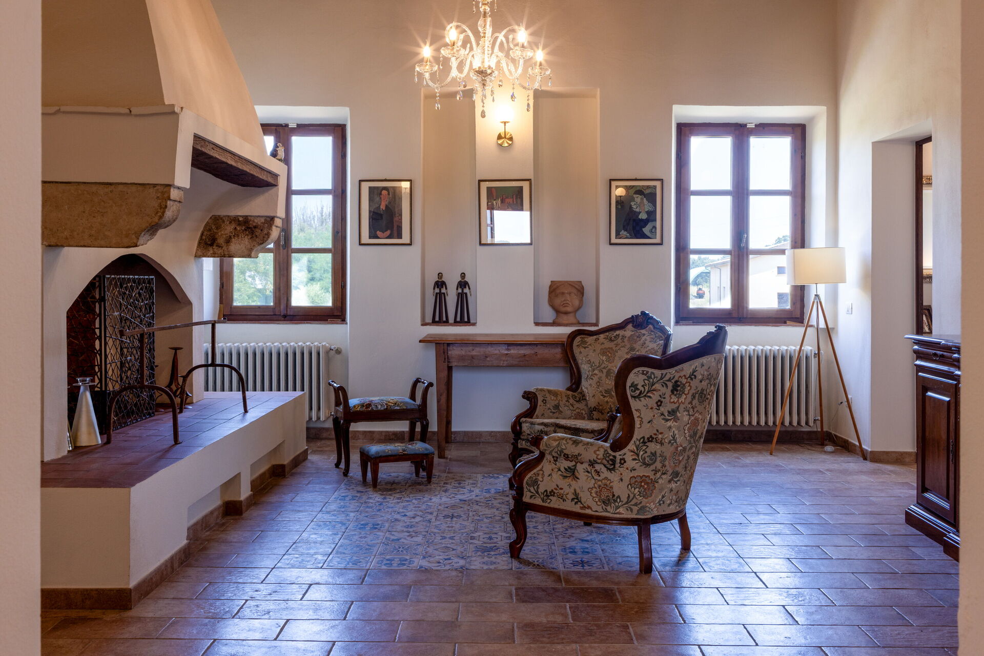 An archway and old stone interior